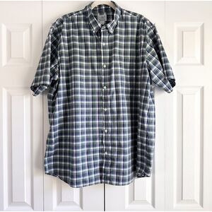 LL Bean Mens XL Green Blue Plaid Shirt Short Sleeve Button Front Cotton